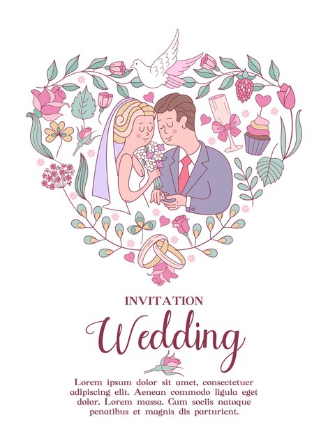 Vector wedding invitation. happy weddings. beautiful wedding card with bride and groom exchanging wedding rings.vector illustration with space for text decorated with delicate wedding flowers.