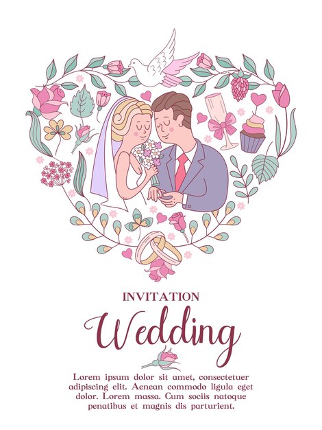 Wedding invitation. Happy weddings. Beautiful wedding card with bride and groom exchanging wedding rings.Vector illustration with space for text decorated with delicate wedding flowers.