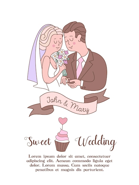 Invito a nozze. matrimoni felici. bella carta di nozze con la sposa e lo sposo che si scambiano le fedi nuziali. illustrazione di vettore con spazio per il testo.