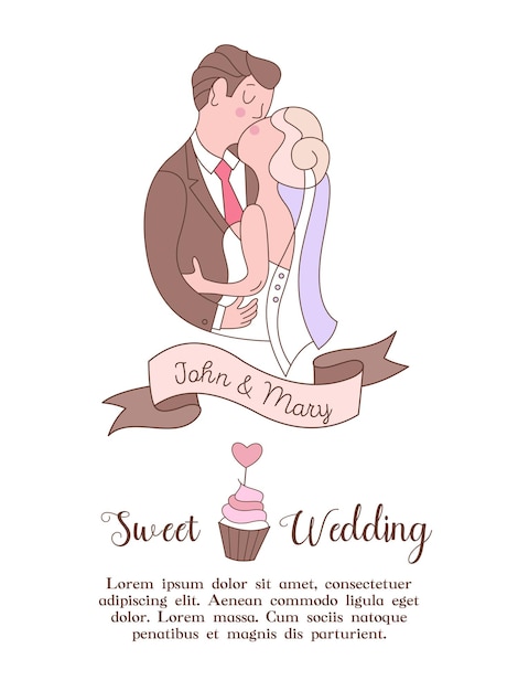 Vector wedding invitation. happy weddings. beautiful wedding card with kisses of the bride and groom. vector illustration with space for text.