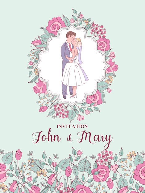 wedding invitation. happy weddings. beautiful wedding card with kissing groom and bride. vector illustration with space for text decorated with delicate wedding flowers.