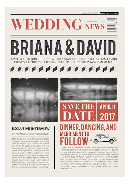 ベクトル 新聞のフロントページスタイルの紙のテンプレートの結婚式の招待状