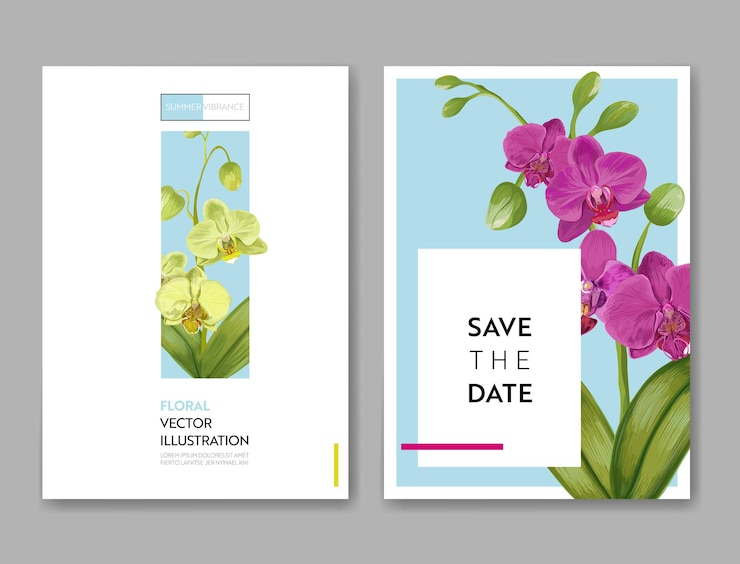 Vector 蘭の花と結婚式の招待状のレイアウトテンプレート。パーティーのお祝いのためにエキゾチックな花で日付花カードを保存します。ベクトルイラスト