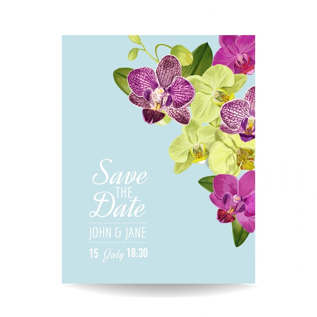 wedding invitation layout template with orchid flowers.