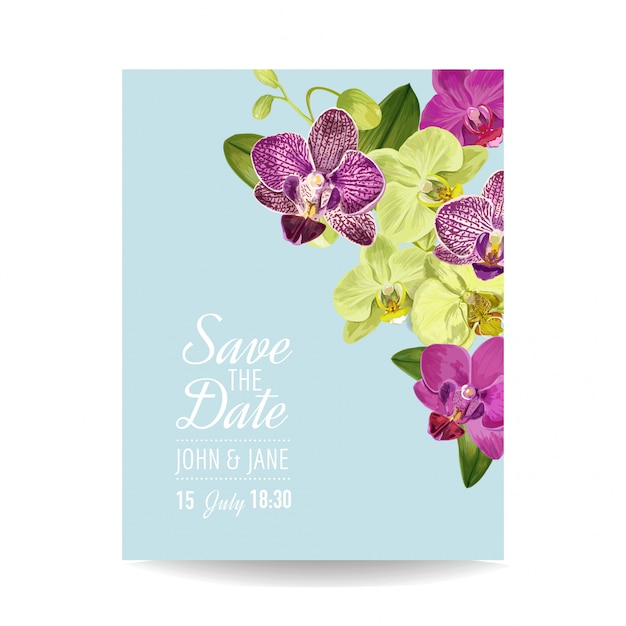 Wedding Invitation Layout Template with Orchid Flowers.