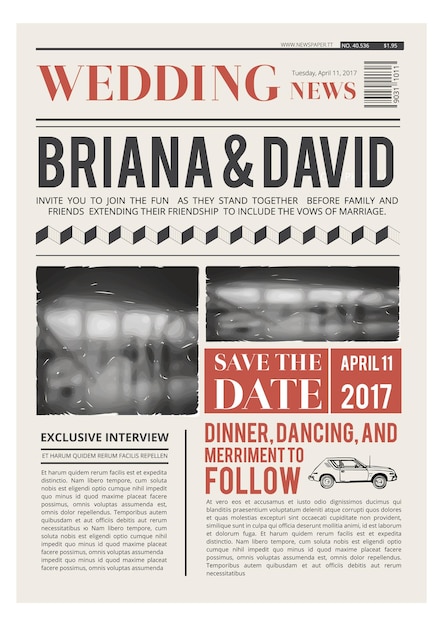 Wedding invitation in newspaper front page style Paper template