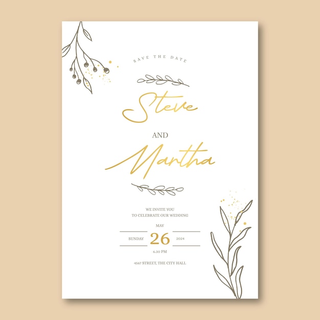 Vector wedding invitation poster minimalist style with hand drawn leaves