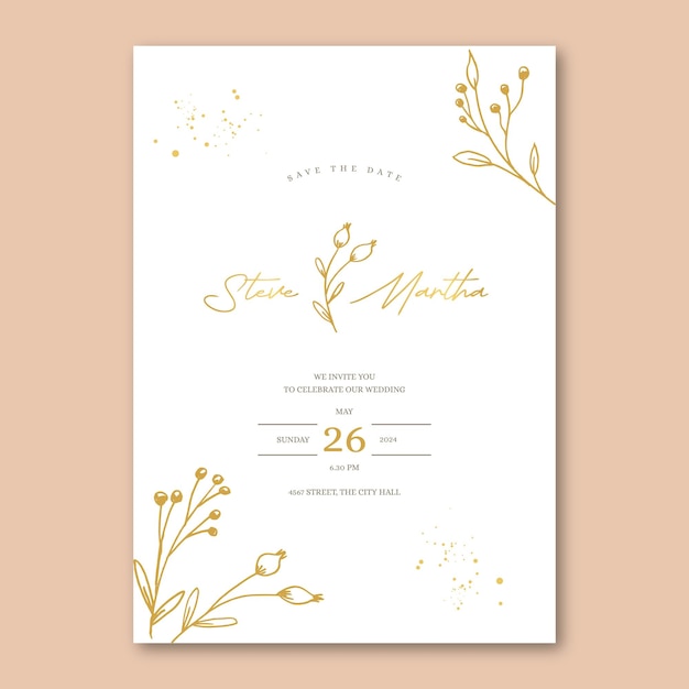 Poster di invito a nozze in stile minimalista con foglie disegnate a mano