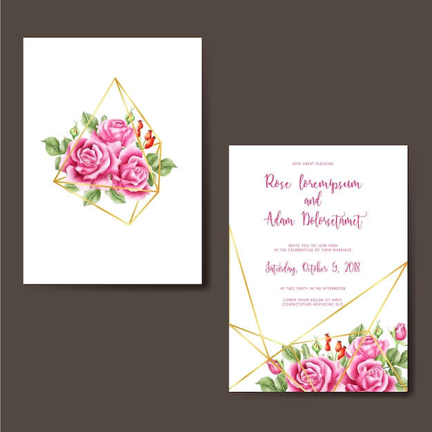 Wedding invitation rose pink watercolor diamond gold