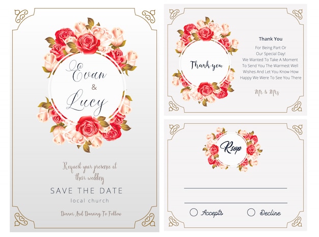 Vector wedding invitation, rsvp card, thank you, wedding