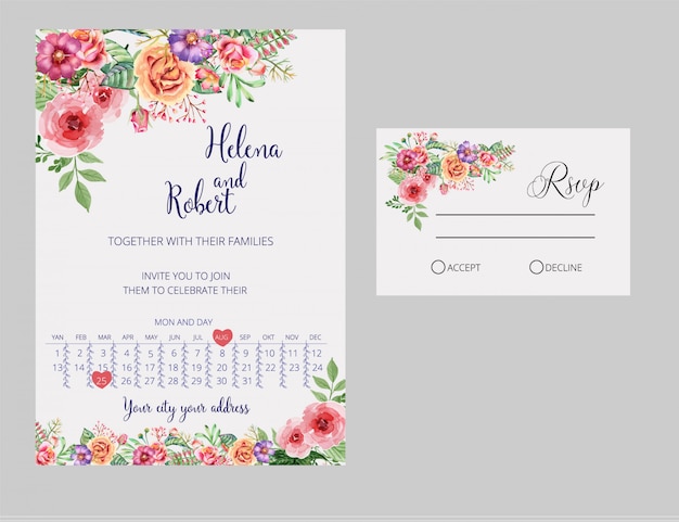 Wedding Invitation, rsvp card. Watercolor style.