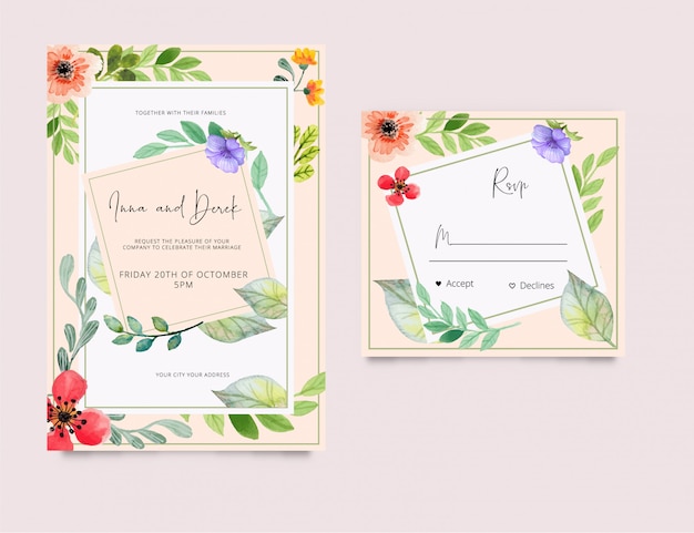 Vector wedding invitation rsvp card watercolor style