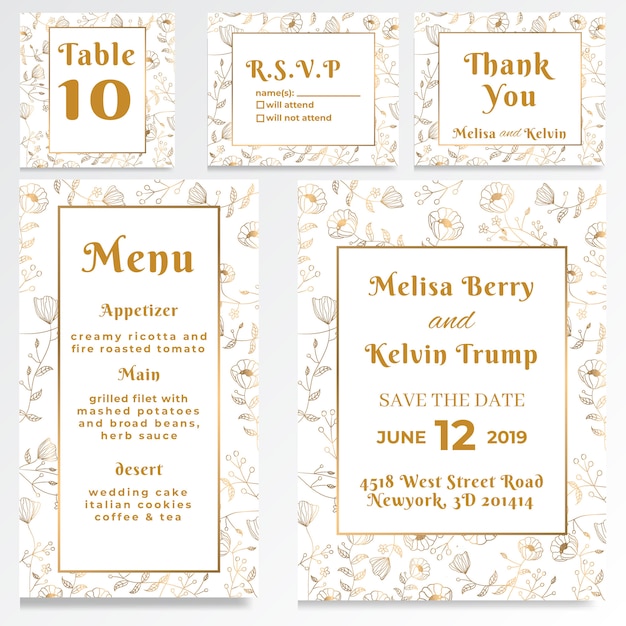 Vector wedding invitation rsvp card white gold style