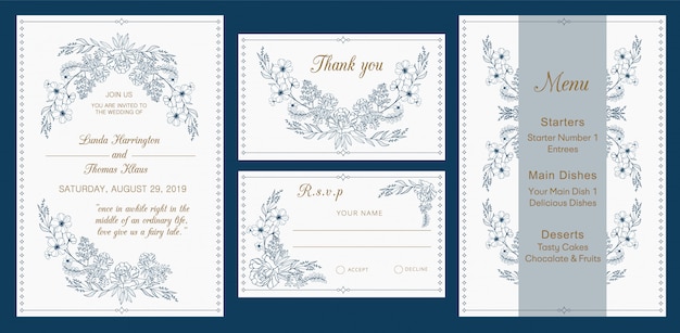 Vector wedding invitation, rsvp, thank you, menu card, modern design