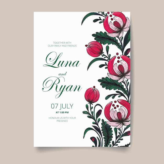 Wedding invitation save the date card with flowers leaves and branches