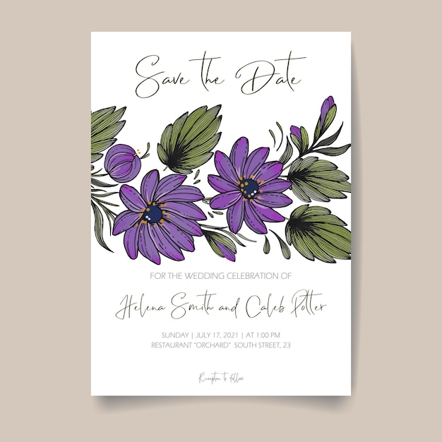 Wedding invitation save the date card with flowers leaves and branches