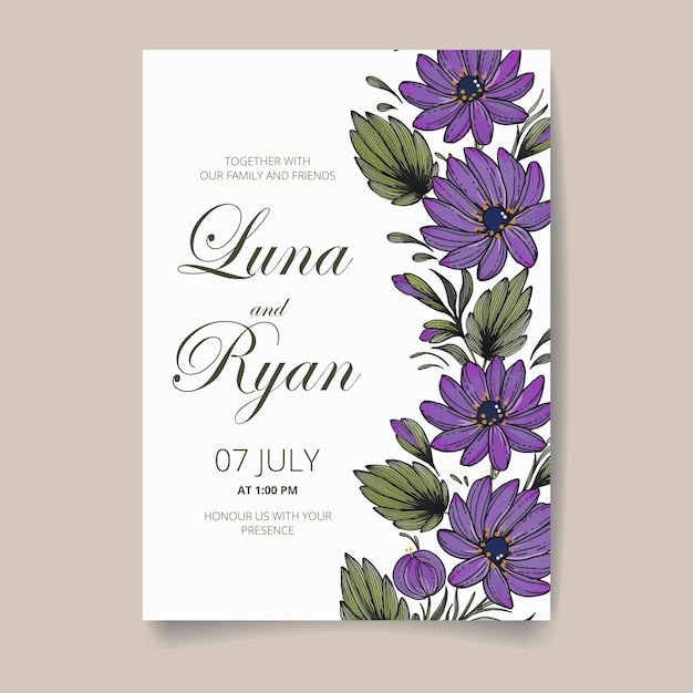 Wedding invitation save the date card with flowers leaves and branches