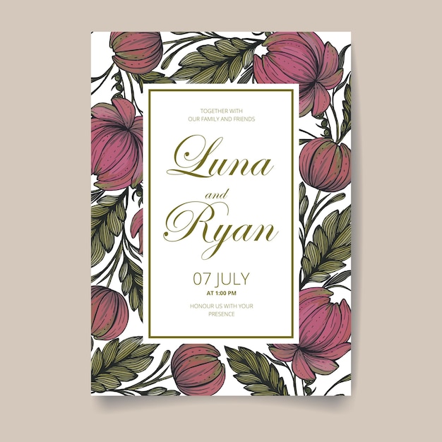 Wedding invitation save the date card with flowers leaves and branches