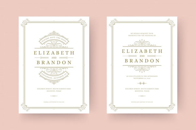 Wedding invitation and save the date cards flourishes ornaments vignette swirls.