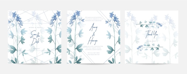 結婚式の招待状は日付カードを保存します 手描きの青い鐘の花の結婚式の招待状カード テンプレート