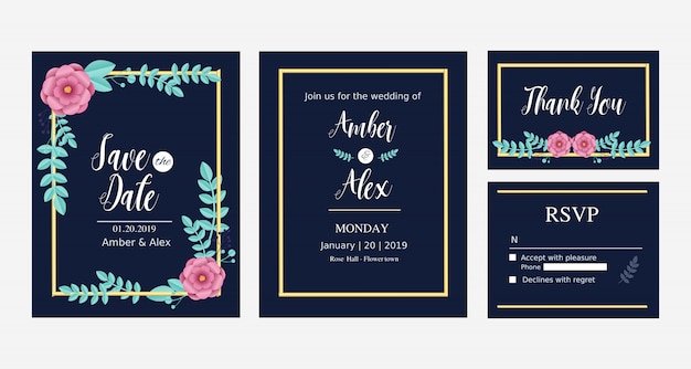 Wedding invitation set collection with blue and pink floral theme