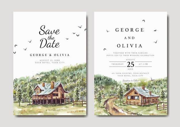 Vector wedding invitation set of green nature landscape with house and road watercolor