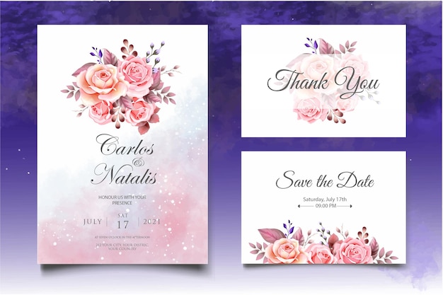 Wedding invitation set template with beautiful flower and leaves