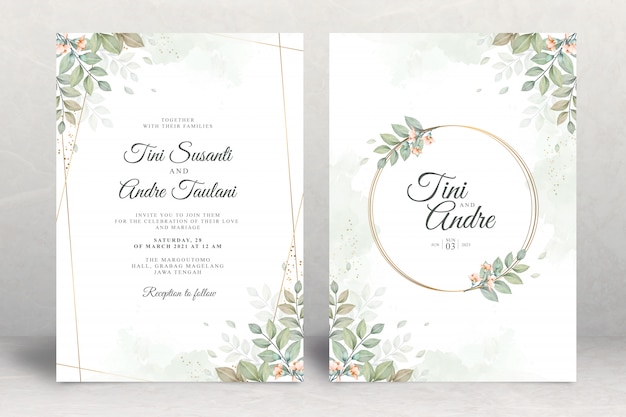 Wedding invitation set template with leaves watercolor