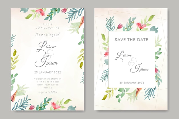 Wedding invitation set template with leaves watercolor