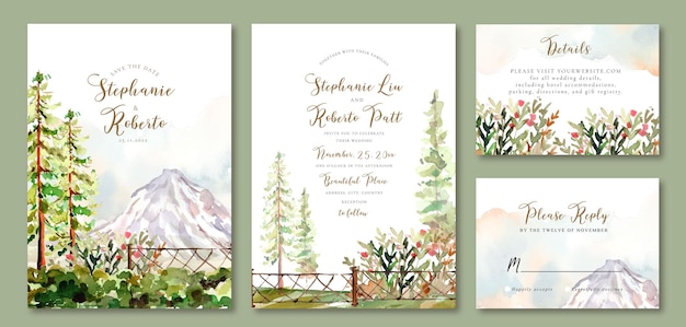 Wedding invitation set of watercolor landscape of pine trees in the garden