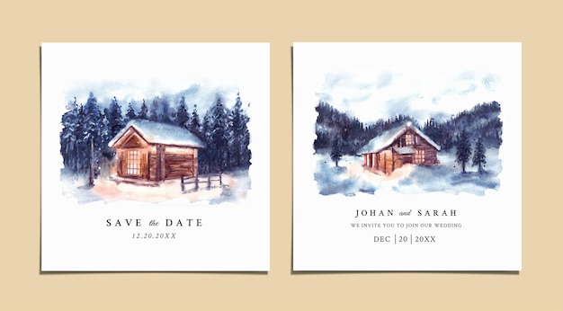 Wedding invitation set of winter landscape with house and pine trees watercolor