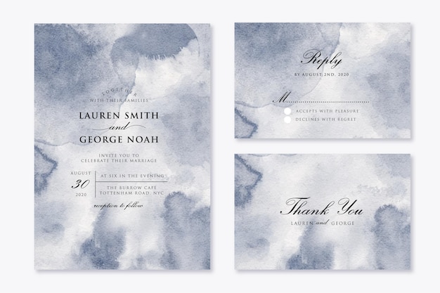 Wedding invitation set with abstract grey watercolor background