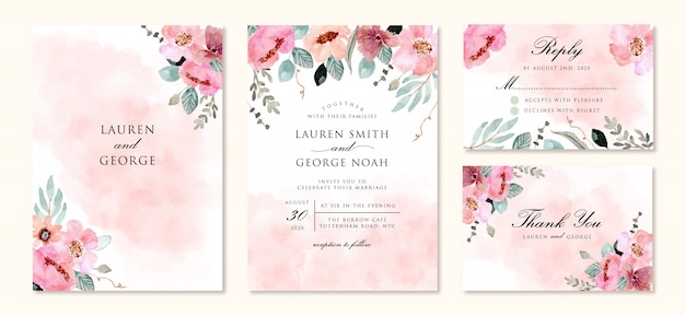 Vector wedding invitation set with abstract and pink flower watercolor