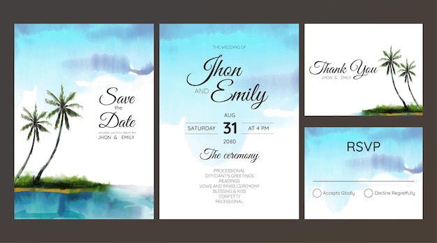 Vector wedding invitation set with beach and palm tree watercolor background