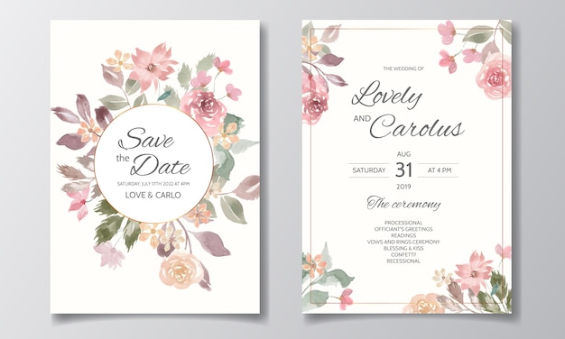 Wedding invitation set with beautiful floral and leaves watercolor