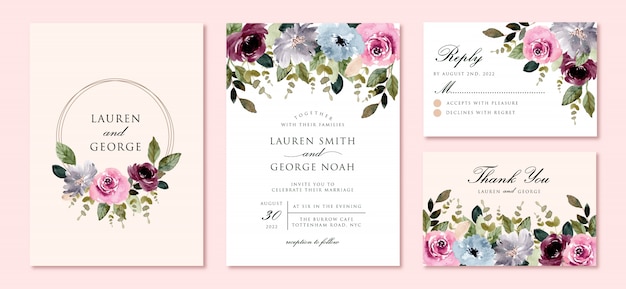 Wedding invitation set with beautiful flower garden watercolor frame