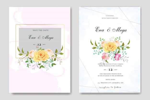 wedding invitation set with beautiful flowers leaves