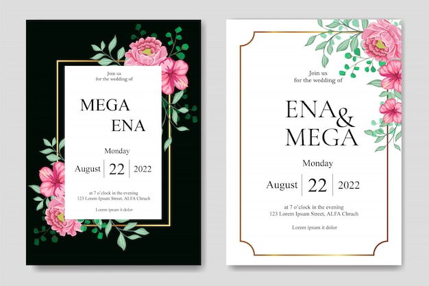 wedding invitation set with beautiful flowers leaves