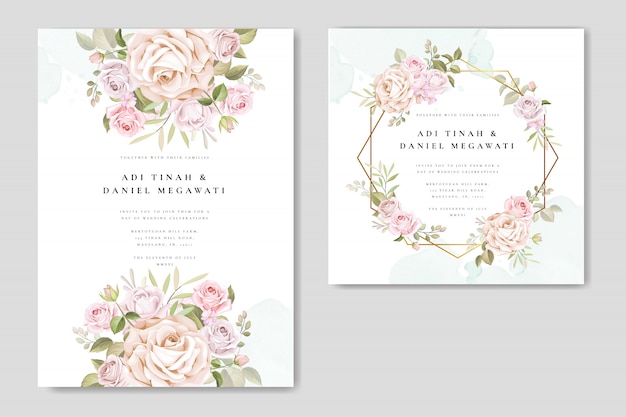 Vector wedding invitation set with beautiful flowers and leaves