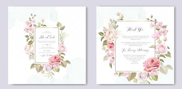 Wedding invitation set with beautiful flowers and leaves