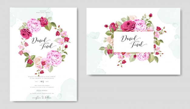 Wedding invitation set with beautiful flowers and leaves