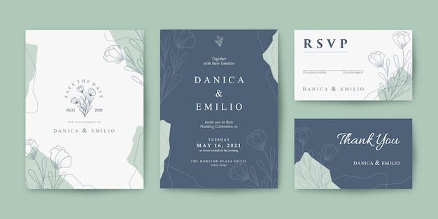 Vector wedding invitation set with beautiful hand drawn floral