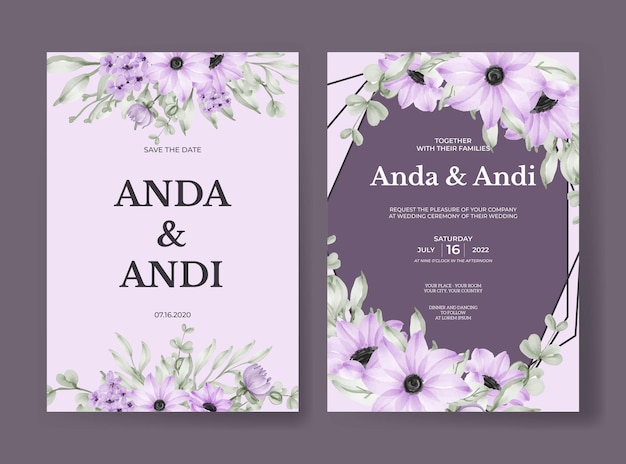 Wedding invitation set with beautiful soft purple flower and leaves