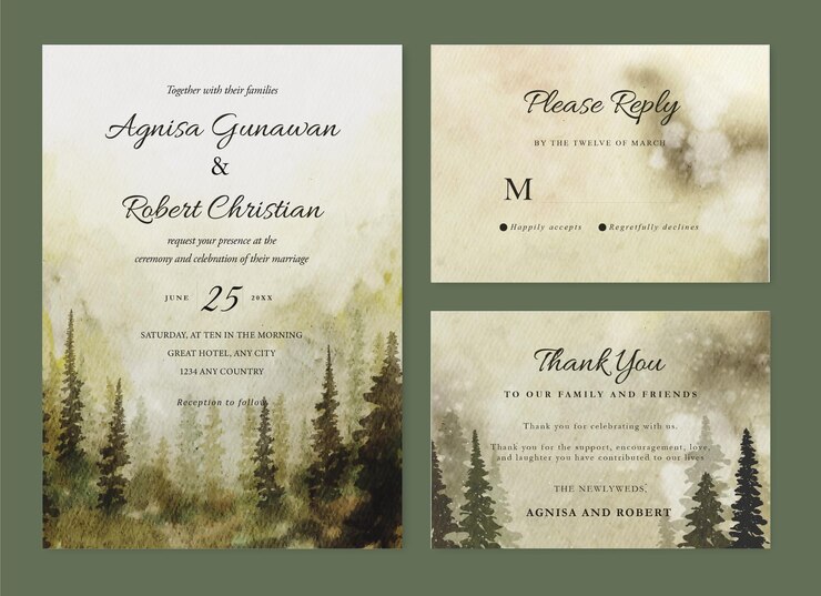 Wedding Invitation set with beautiful watercolor misty pine forest