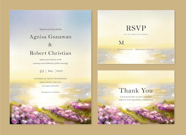 Wedding Invitation set with beautiful watercolor sunset view and floral meadow