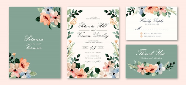 wedding invitation set with blossom floral watercolor 