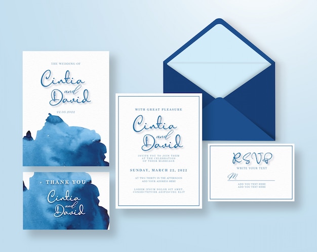 青の抽象的な水彩画入り結婚式招待状