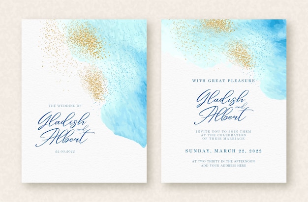 Vector wedding invitation set with blue splash and gold sparkle background