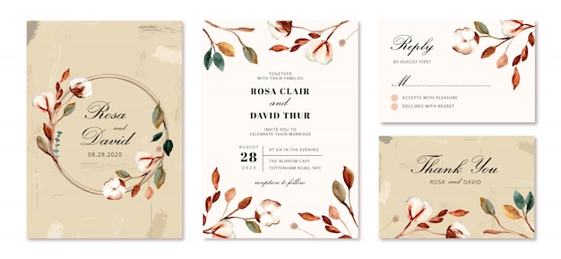 Vector wedding invitation set with cotton flowers