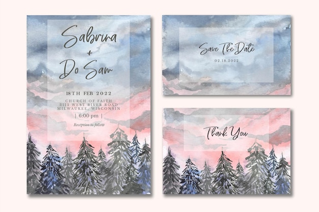 Wedding invitation set with evergreen forest sunset landscape watercolor